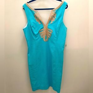 NEW Lilly Pulitzer Janice Shift women’s dress Shorely Blue size 14 NWT gold trim